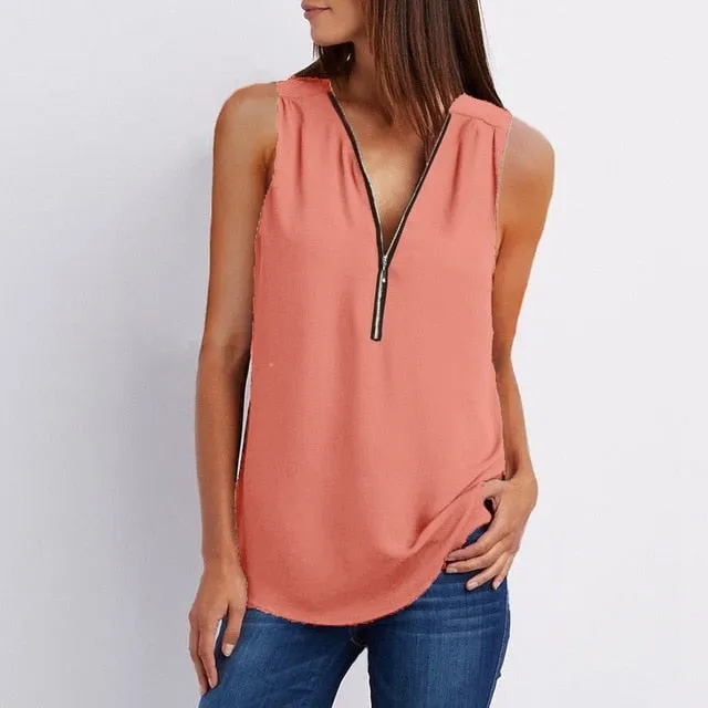 Women Spring Summer Chiffon Blouse Top V Collar Zipper Roll Up