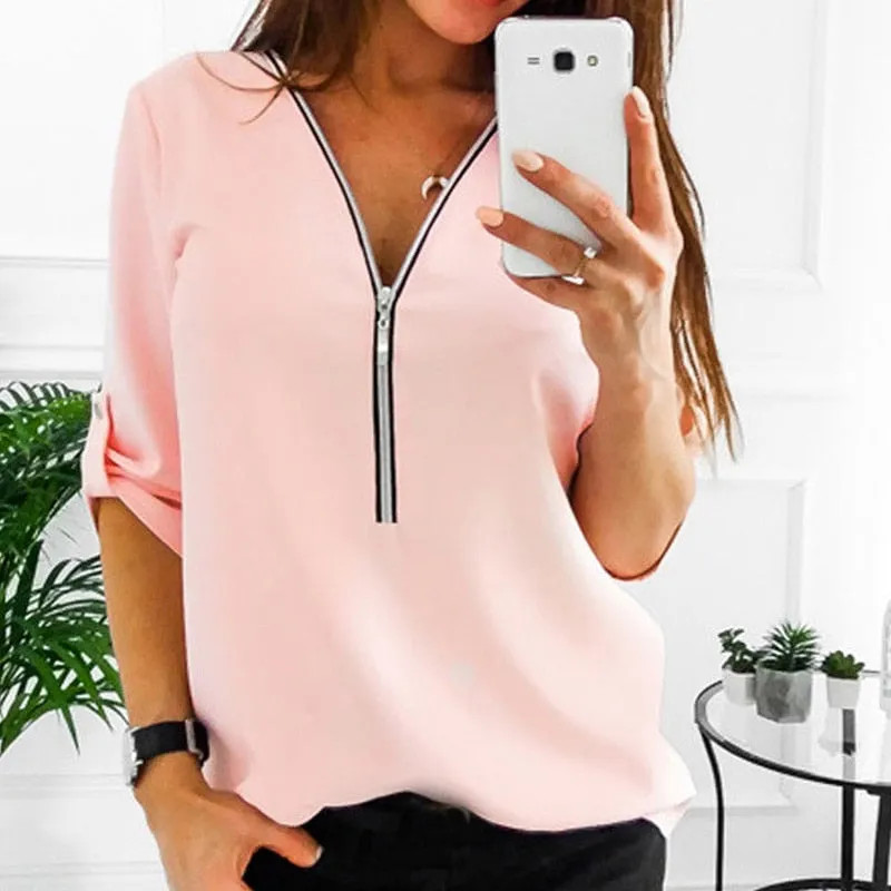 Women Spring Summer Chiffon Blouse Top V Collar Zipper Roll Up