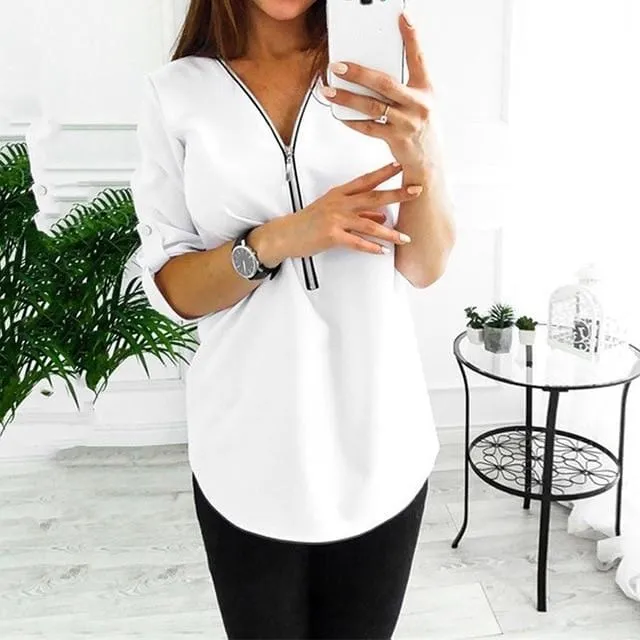 Women Spring Summer Chiffon Blouse Top V Collar Zipper Roll Up