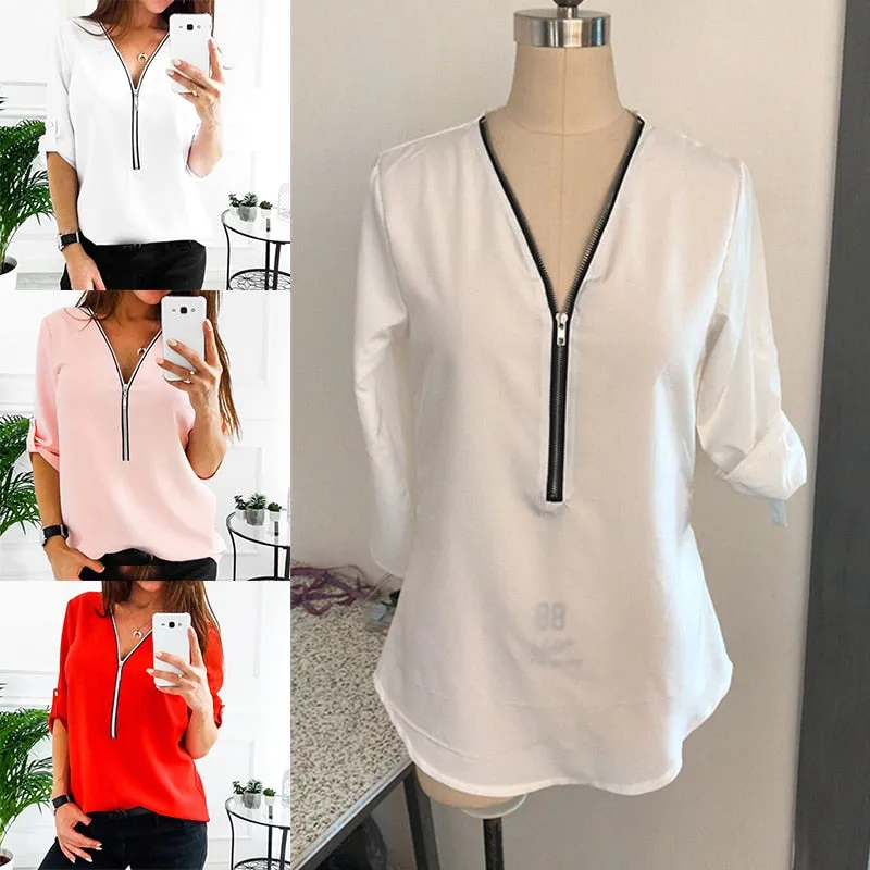 Women Spring Summer Chiffon Blouse Top V Collar Zipper Roll Up