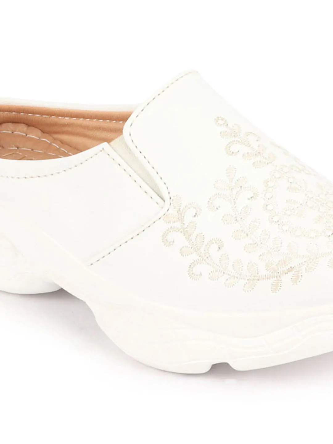 Women White Floral and Leaf Print Embroidery Design Back Open Slip On Mules Shoes