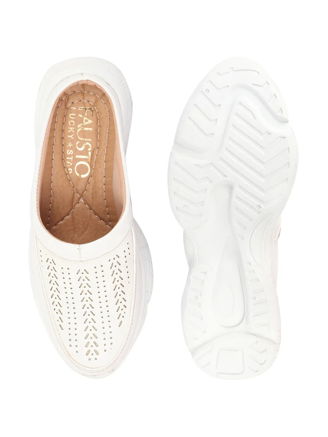 Women White Laser Cut Design Stitched Back Open Slip On Mules Shoes