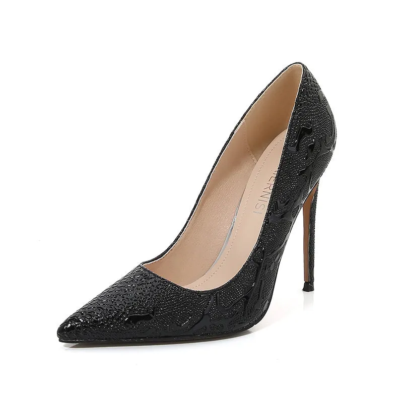 Women's Embossed Pointed Toe Shallow Stiletto Heel Pumps