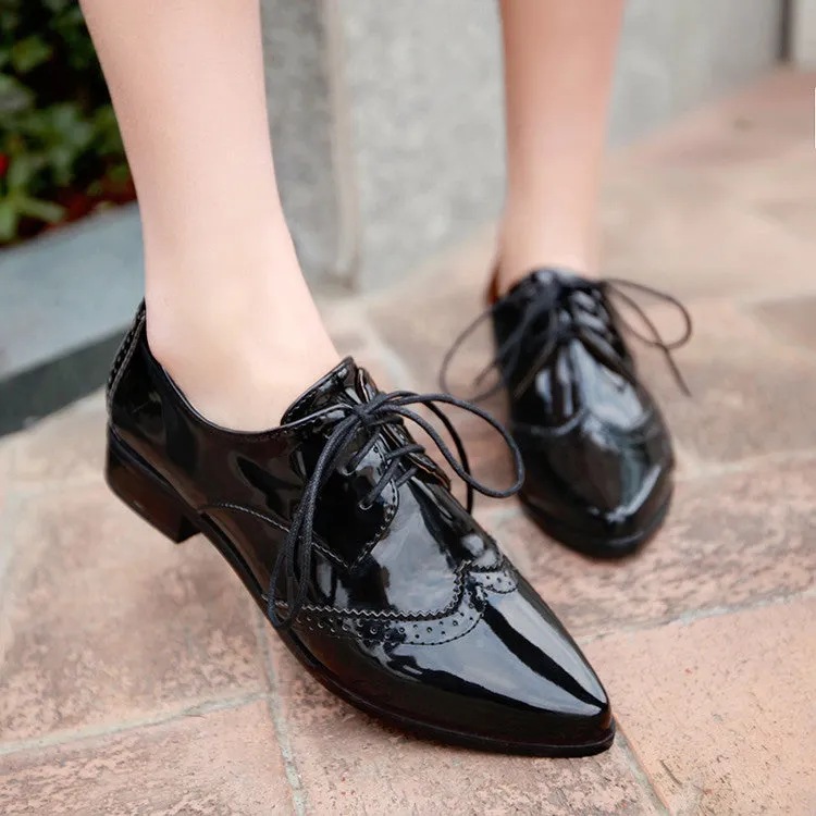 Women's Glossy Pointed Toe Tied Lace Up Puppy Heel Chunky Heels Oxford Shoes