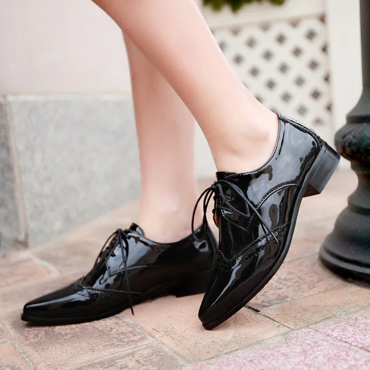 Women's Glossy Pointed Toe Tied Lace Up Puppy Heel Chunky Heels Oxford Shoes