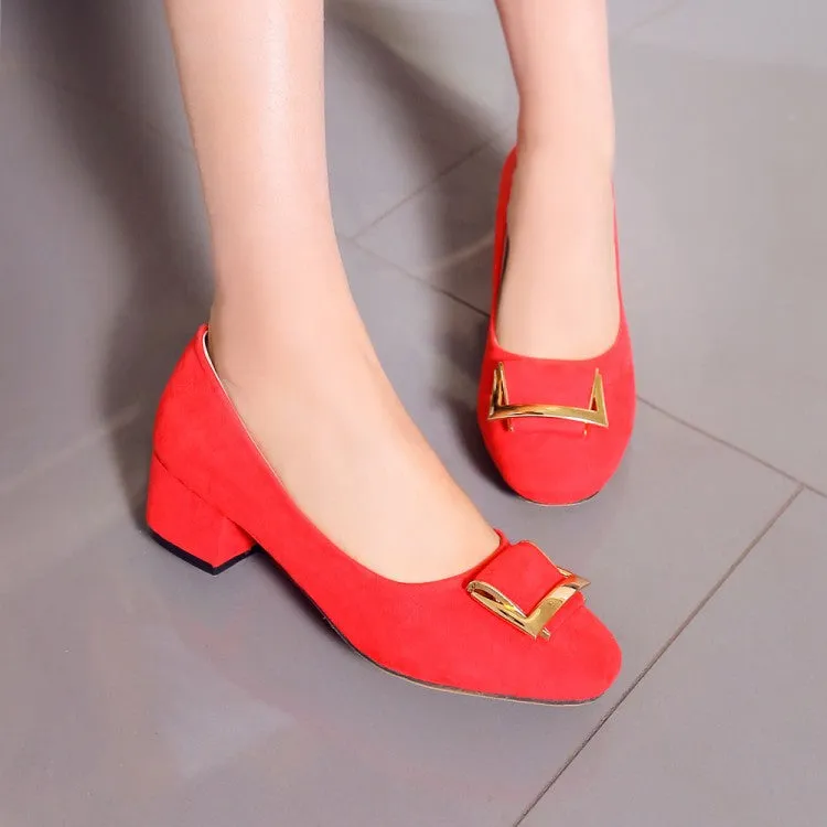 Women's Metal Square Buckles Shallow Block Heel Pumps