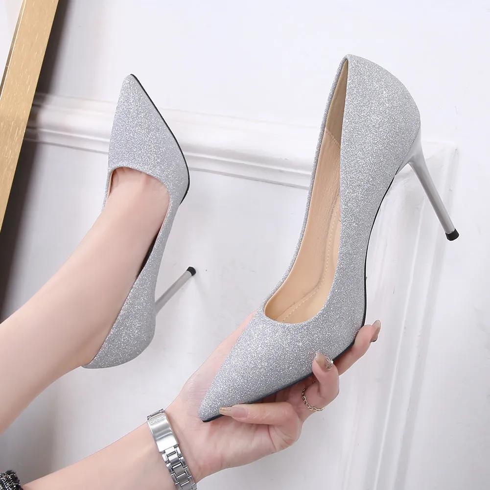 Women's Sequins Pointed Toe Shallow Stiletto Heel Pumps