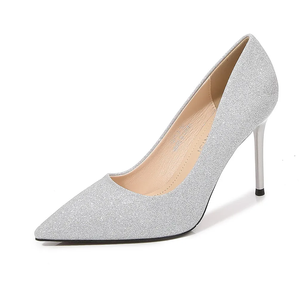 Women's Sequins Pointed Toe Shallow Stiletto Heel Pumps