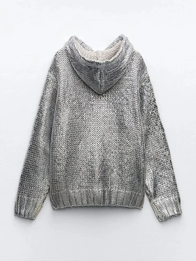 Womens Sliver Hooded Pullover Sweatshirt Warm Casual Pockets Long Sleeve Sweater